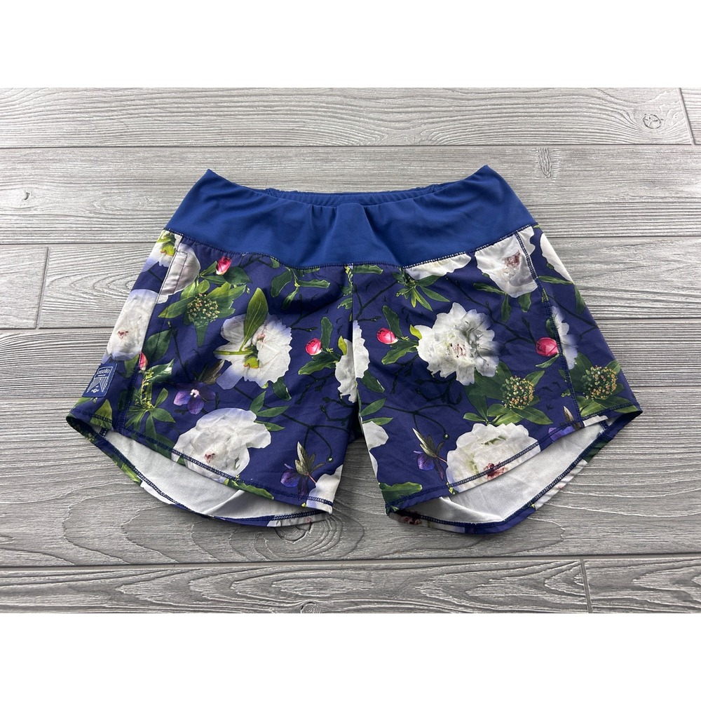 Oiselle Blue Floral Peony Running Shorts with Back Zip Pocket Womens Size 6